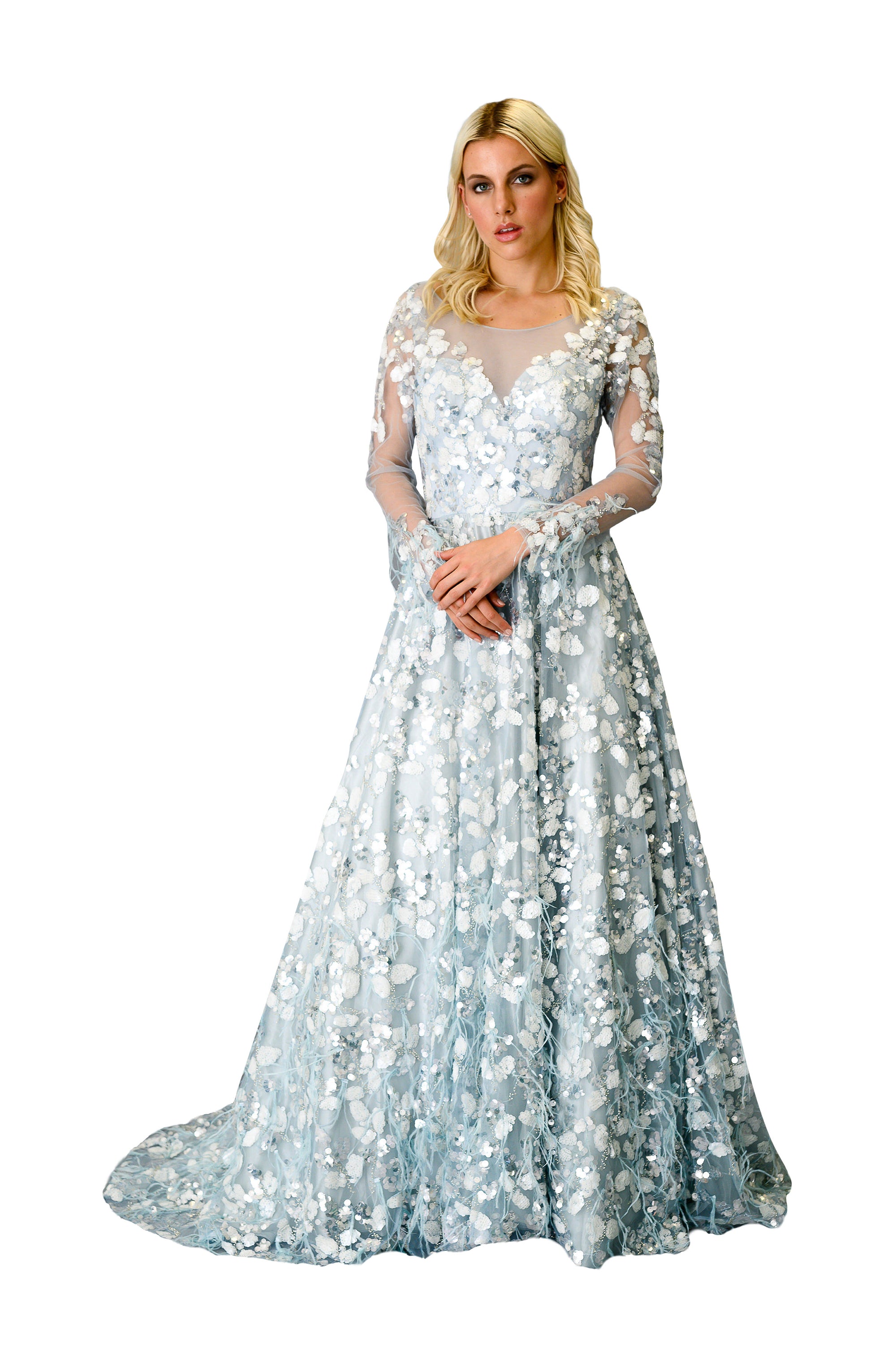 Train Ostrich Feathers Gown | Farah Naz New York