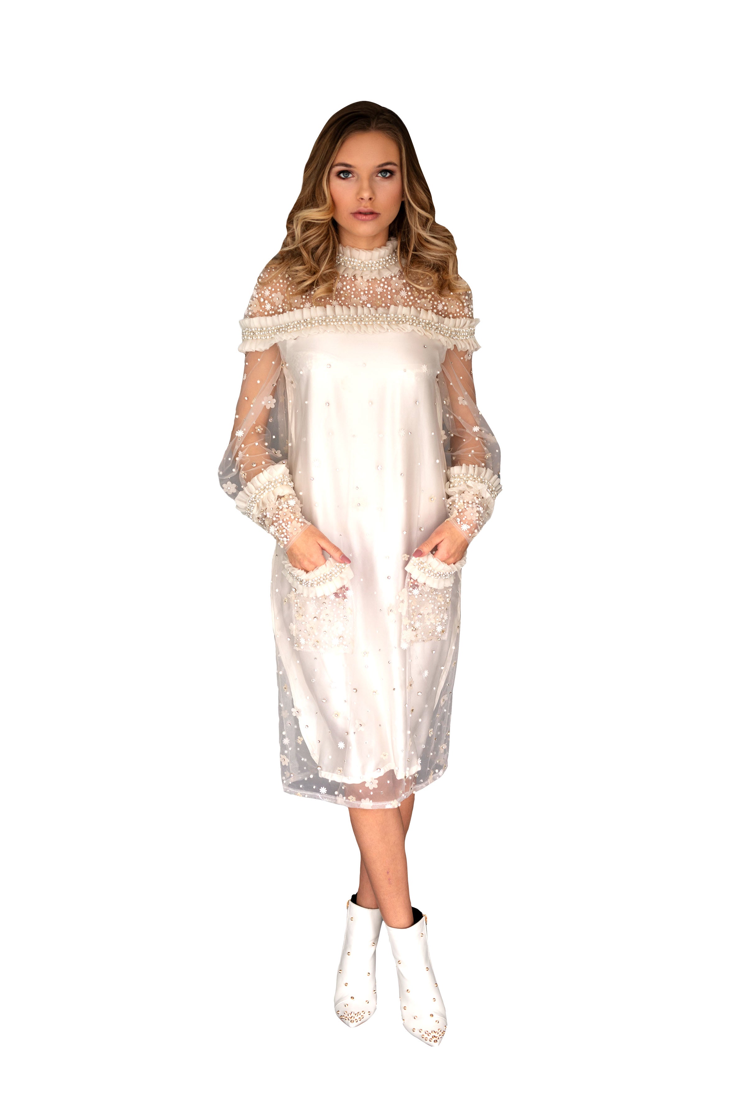 Pearl Ruffle Dress with Pockets – Feminine & Practical