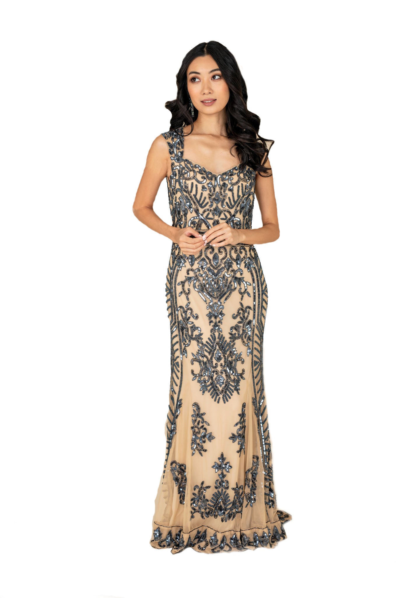 Women Sequined Sweep Gown | Farah Naz New York