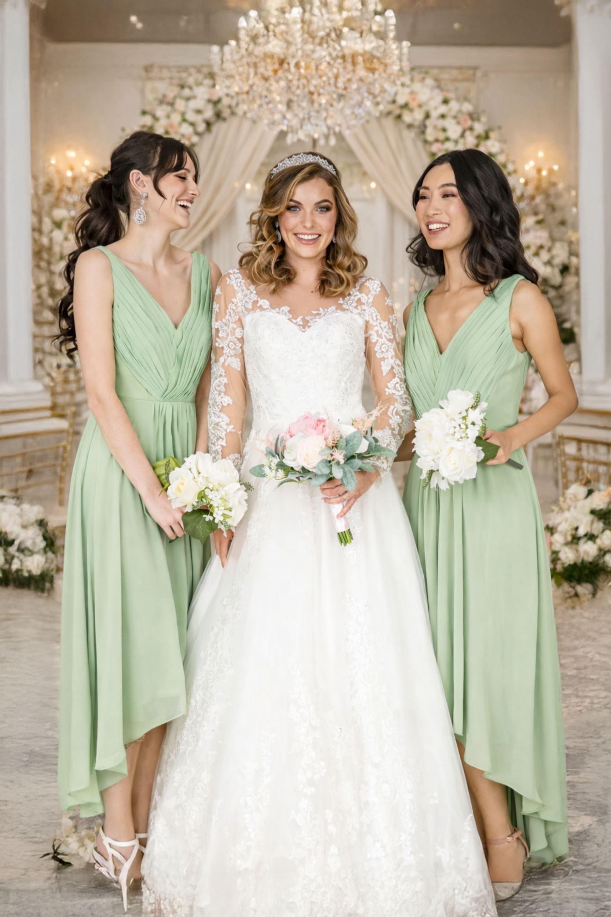 Bride in a white dress with two bridesmaids in green dresses, all holding flowers in a decorated room.
