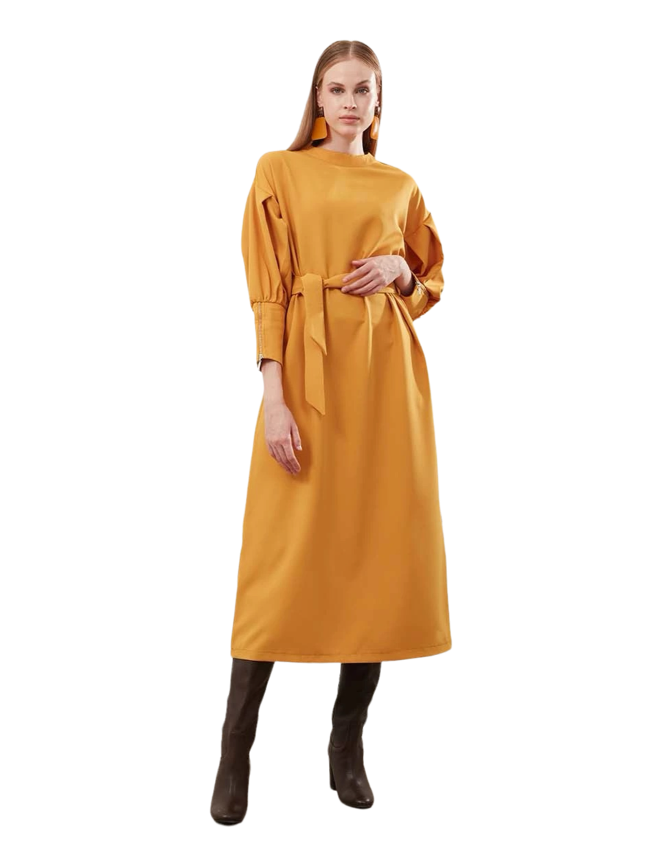 Full Sleeves Zippered-Cuff Midi Dress
