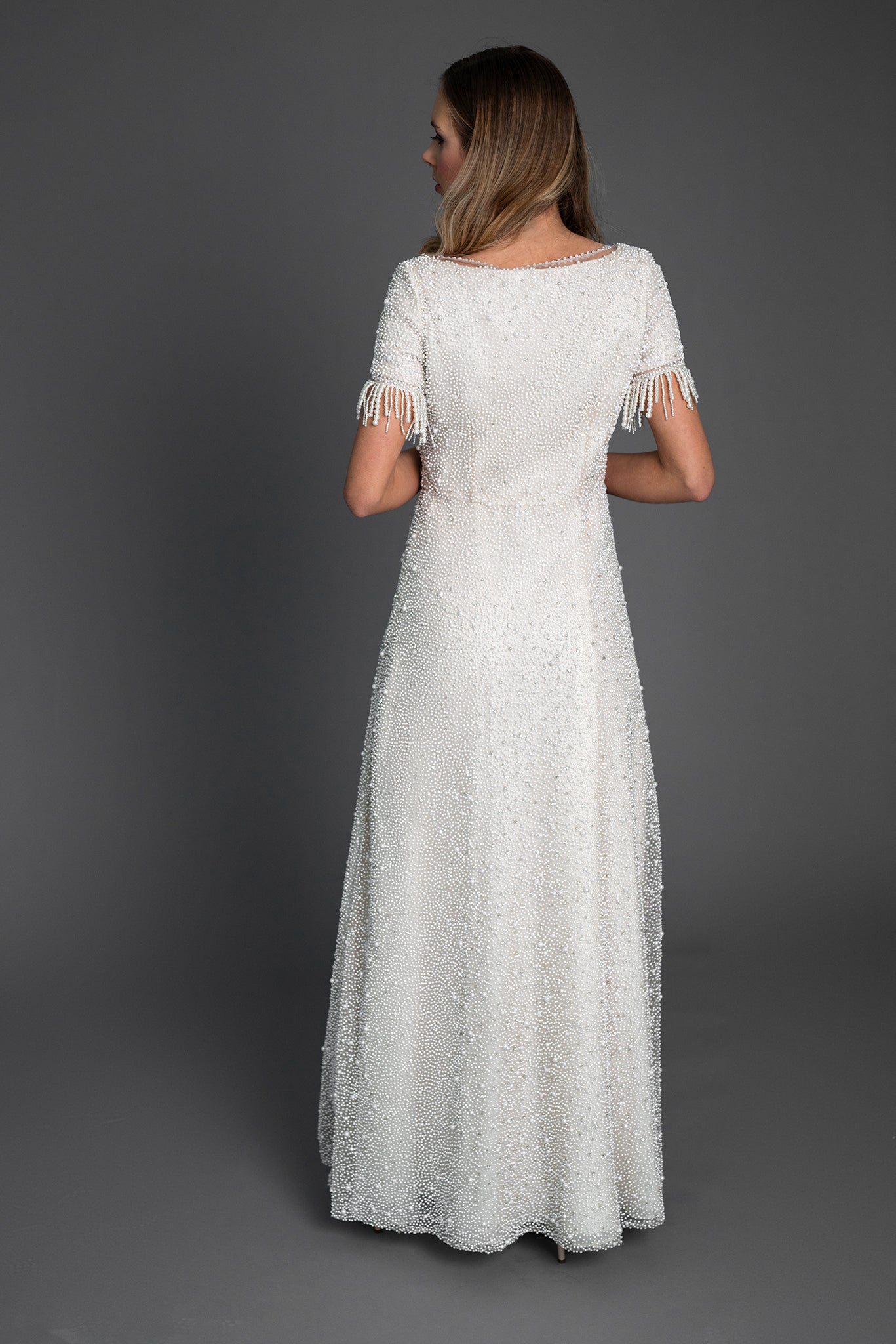 All-Over Pearl Gown Timeless Elegance | Farahnaz NY 10 / Beige All-Over Pearl Gown Timeless Elegance | Farahnaz NY 10 / Beige